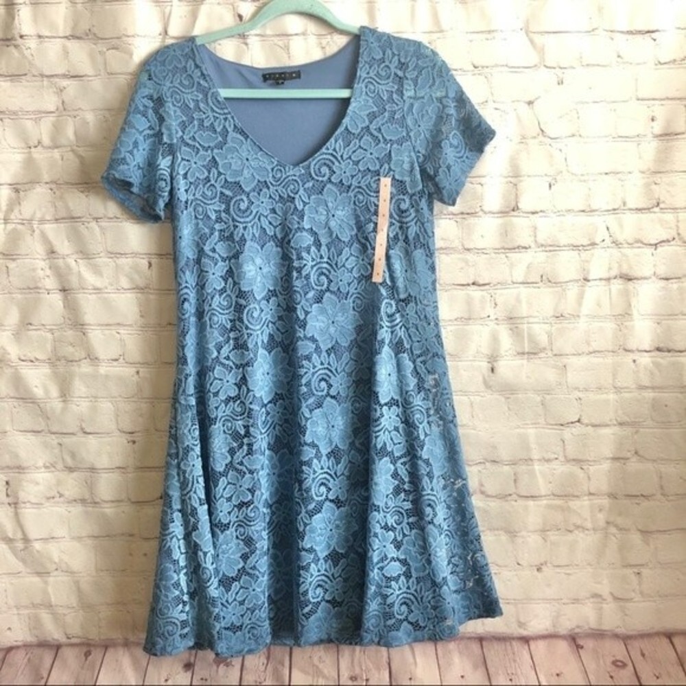 Tiana B Crochet Lace Blue Lined Dress V-neck Cap Sleeve Size S